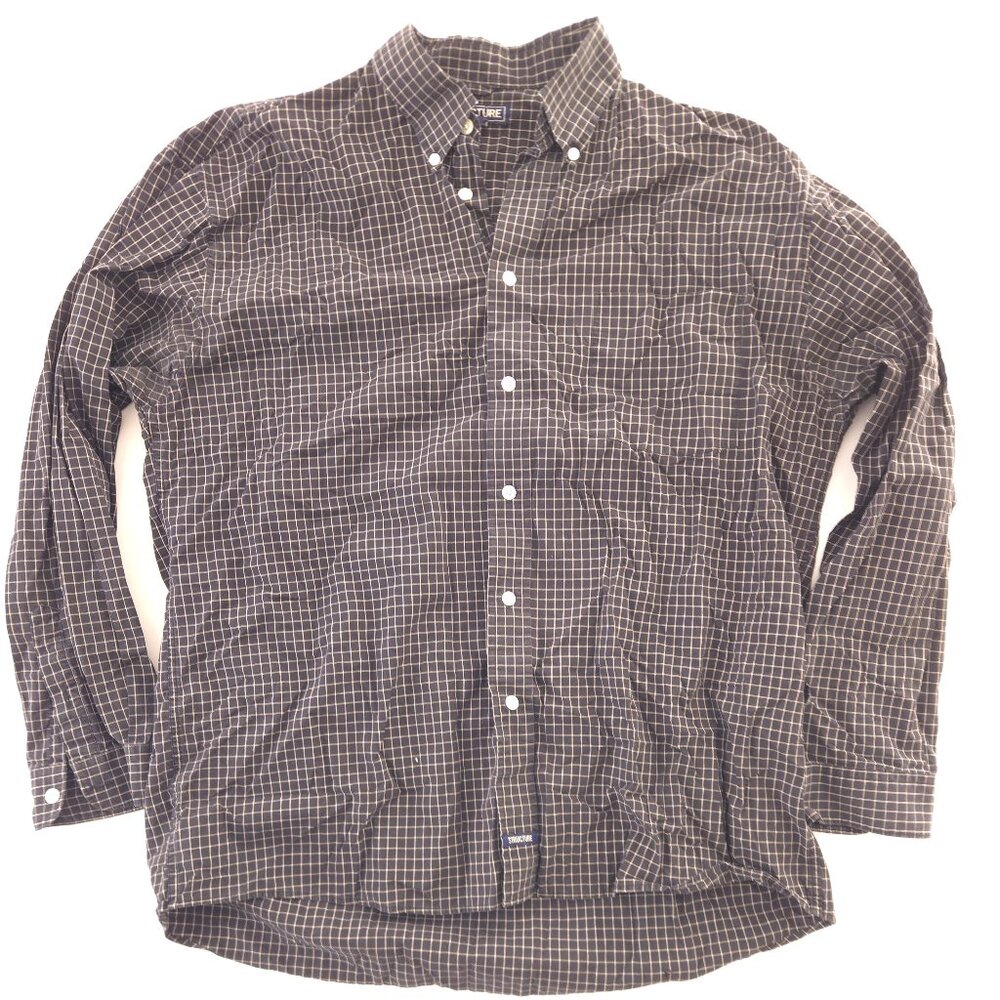 Structure Black White Grid Check Cotton Button-Down Shirt Large